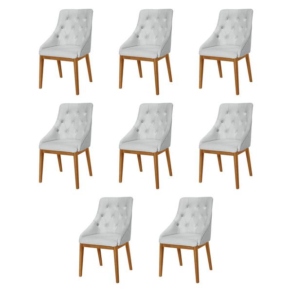 Imagem de Kit 8 Cadeiras de Jantar Estofada Elisa Anatômica Capitonê Linho Cinza Base Madeira Maciça Mel