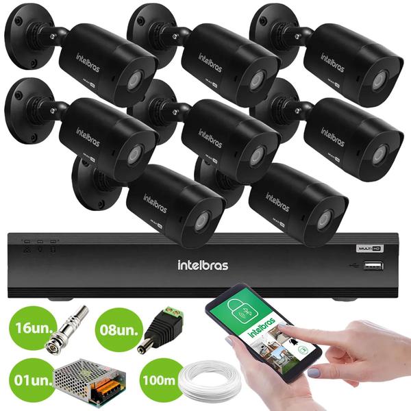 Imagem de Kit 8 Câmeras Black Intelbras VHD 1220 B G6 Full HD 1080p + DVR Intelbras iMHDX 3008 + Acessórios