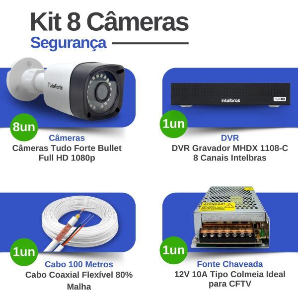 Imagem de Kit 8 Câmeras de Segurança Full HD 1080p 2MP Bullet 20 Metros Infravermelho Tudo Forte + Gravador Digital de vídeo Intelbras MHDX 1108-C