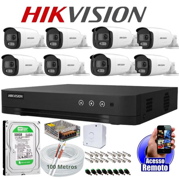 Imagem de Kit 8 Cameras Segurança Hikvision Colorvu Imagens Norturnas Coloridas Full Hd 20m 1080p c/hd 500GB