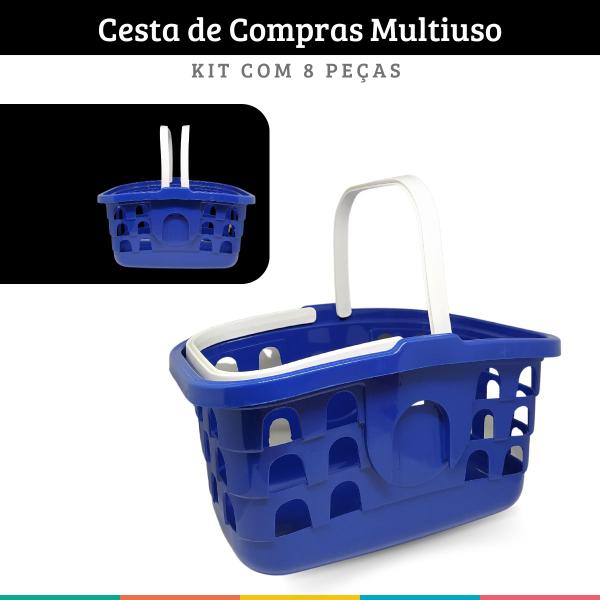 Imagem de Kit 8 Cestas de Compras Supermercado Cestinha Farmácia Azul