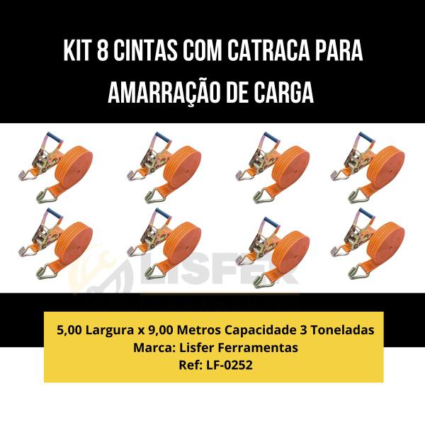 Kit 8 Cintas De Amarração Catraca 9m X 50mm 3 Toneladas Lisfer Imagem de Kit 8 Cintas De Amarração Catraca 9m X 50mm 3 Toneladas Lisfer