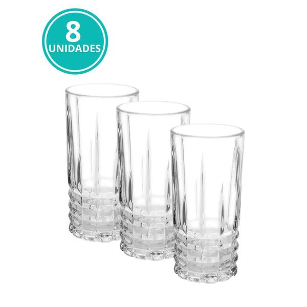 Imagem de Kit 8 Copo Alto Long Drink Vidro Grosso Diamond Água 350ml