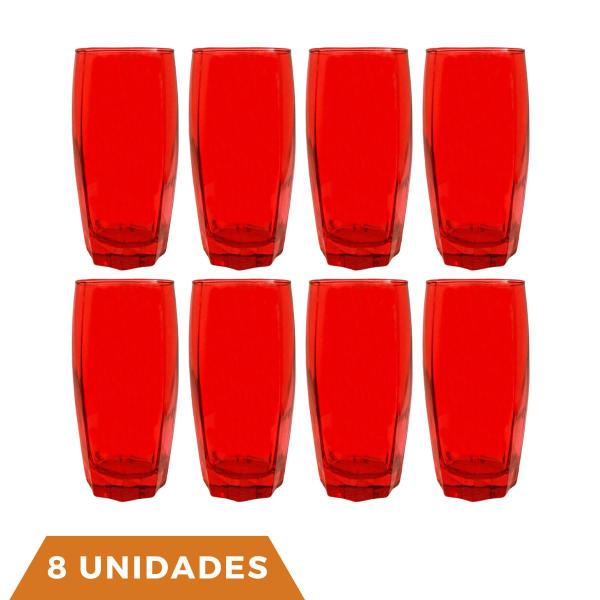 Imagem de kit 8 Copo Vidro Florida 370ml Vermelho Suco Agua Tendencia