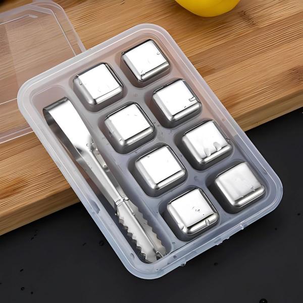 Imagem de Kit 8 Cubo De Gelo Aço Inox Reutilizável C/ Pegador Whisky