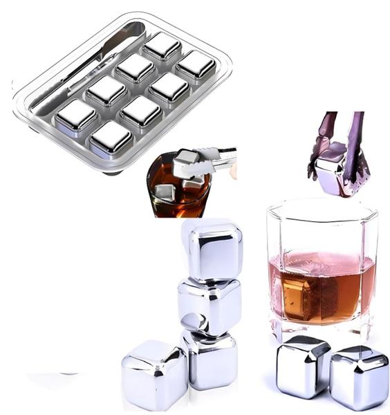 Imagem de Kit 8 Cubos De Gelo Aço Inox Metal Drinks Whisky +pegador