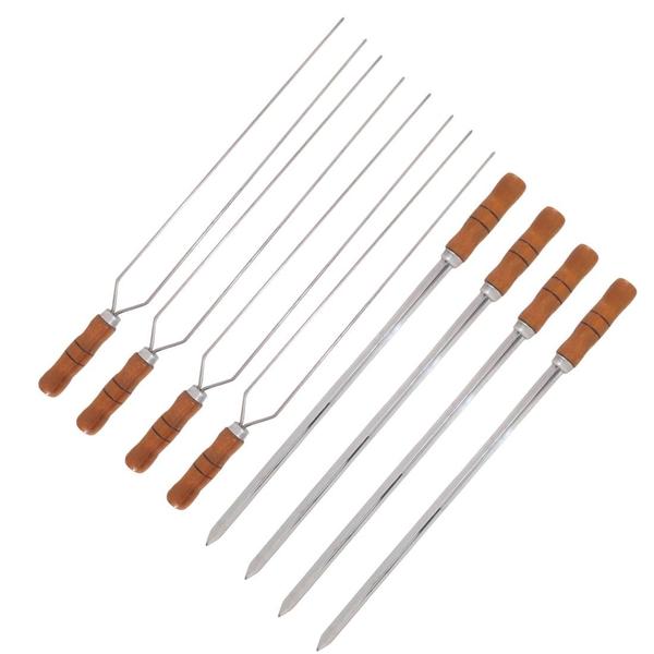 Imagem de Kit 8 Espetos 4 Duplo E 4 Espada 60cm Inox - Cabo De Madeira