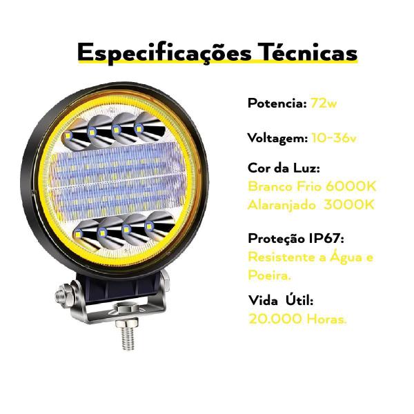 Imagem de Kit 8 Farol Milha Led Redondo 72W Pisca Âmbar Seta 10-36V