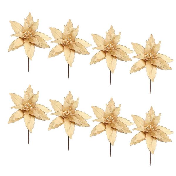 Imagem de Kit 8 Flor Poinsetia Decoração Nartal Detalhes com Glitter Ouro Dourada Cromus 40cm