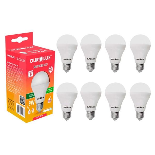 Imagem de Kit 8 Lâmpada Led Bulbo 9w Branco Frio (6500k) - Ourolux