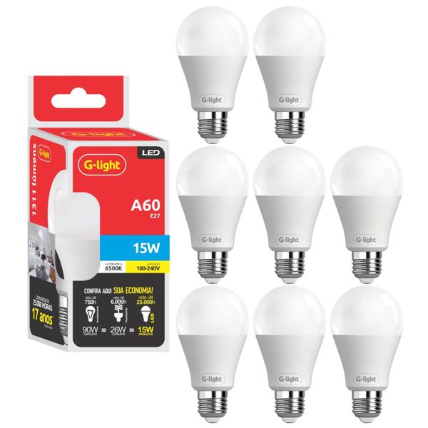 Imagem de Kit 8 Lâmpada Led Bulbo A60 15W E27 6500K Luz Branca Fria Autovolt Alta Eficiência Econômica Casa