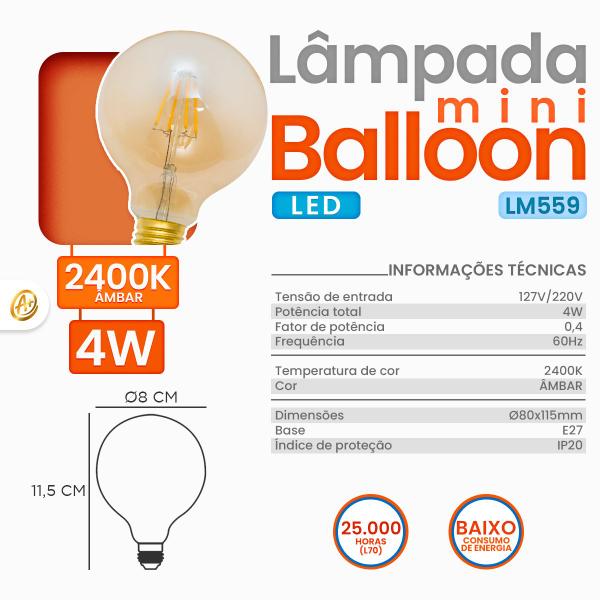 Imagem de Kit 8 Lâmpadas Mini Balloon Filamento LED Âmbar 2400K - Branco Quente 4W Bivolt Luminatti LM559