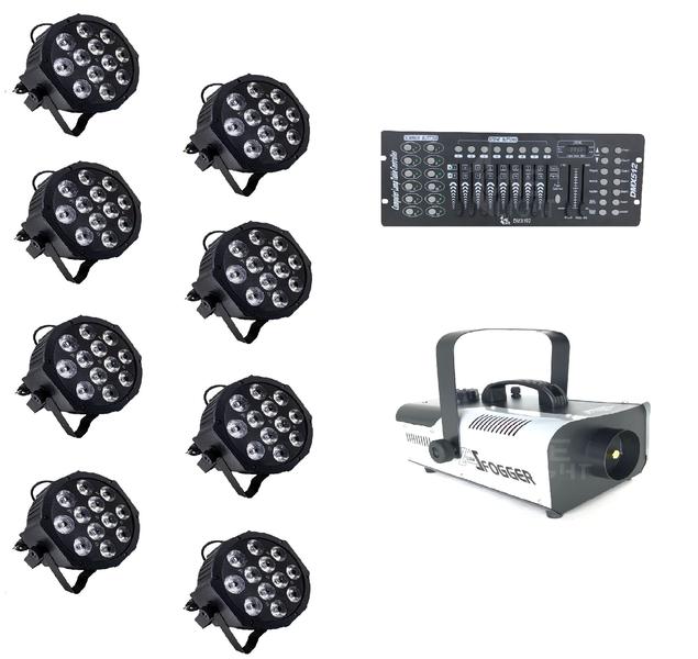 Imagem de Kit 8 par led slim rgbw 12x12w   mesa dmx 512   maquina de fumaça 1200w