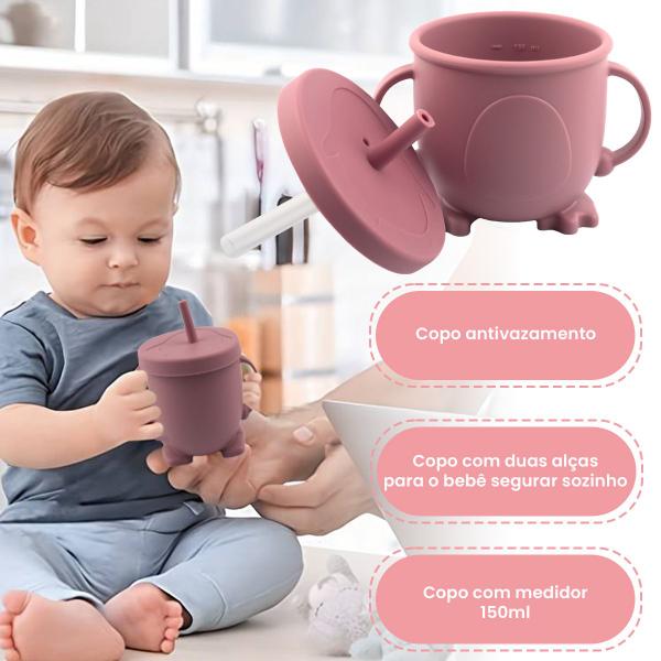 Imagem de Kit 8 Pçs Introdução Alimentação Infantil para Bebês Silicone Macio Prato Ventosa Babador Copo Canudo Tijela  Talheres Cabo Madeira