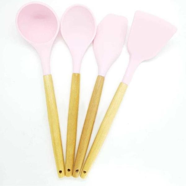 Imagem de Kit 8 Peças Utensílios de Cozinha em Silicone Cabo Madeira