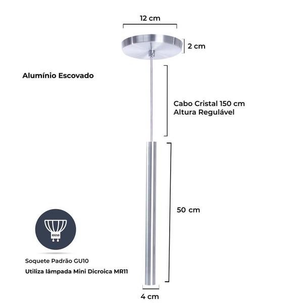 Imagem de Kit 8 Pendente Luminária Tubo Alumínio Escovado 50 Cm + Lâmpada LED Branco Quente