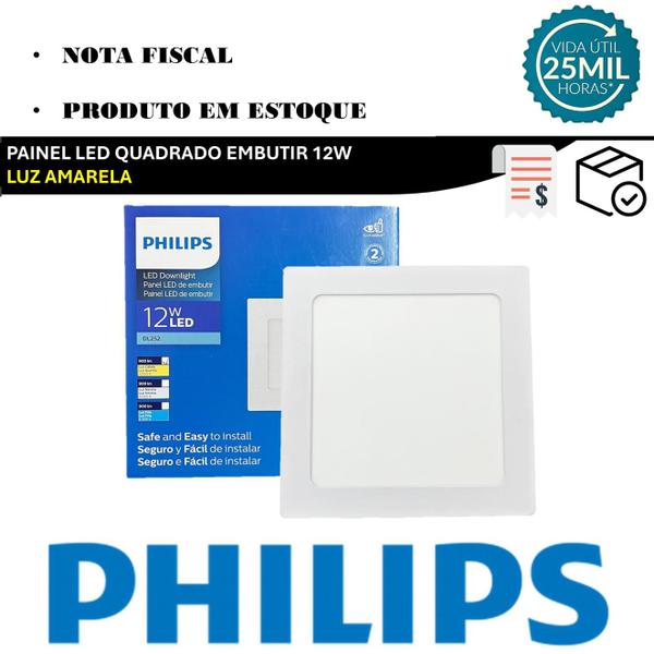 Imagem de Kit 8 Plafon Quadrado Embutir 12w Philips Branco Quente 3000K