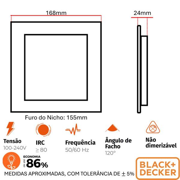 Imagem de Kit 8 Plafon Quadrado Embutir 12w Preto Branco Neutro 4000K