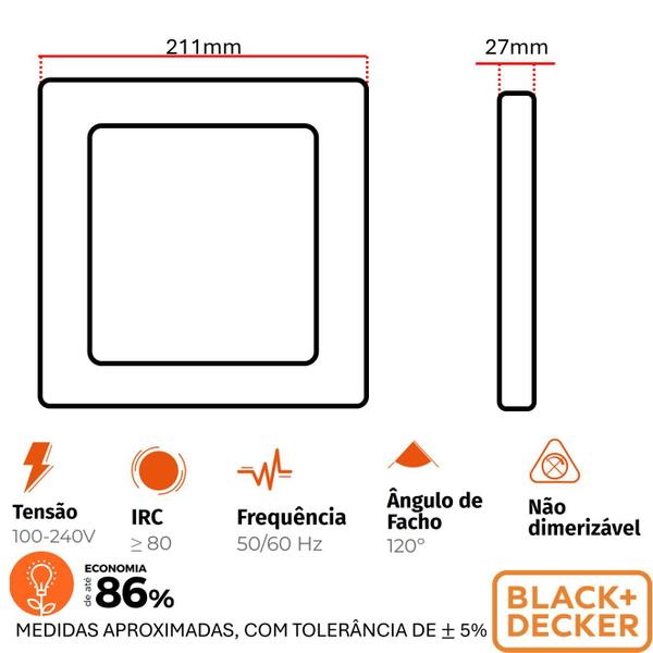 Imagem de Kit 8 Plafon Quadrado Sobrepor 18w Preto Branco Frio 6500k