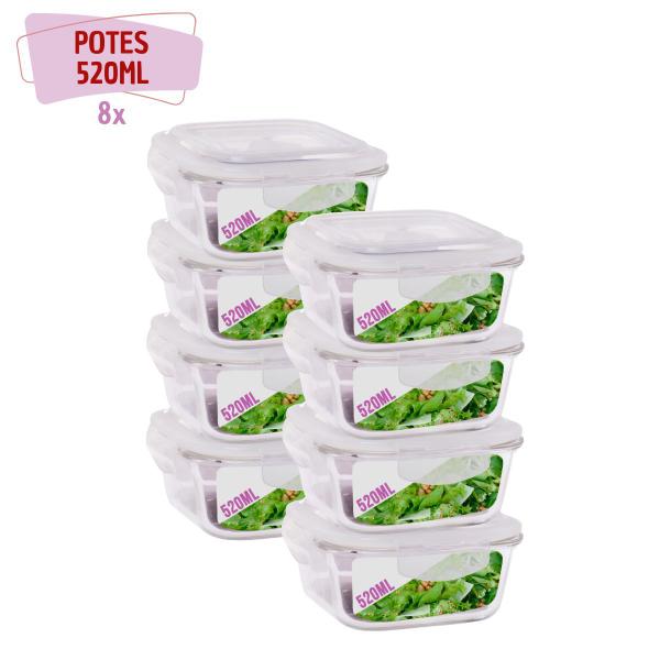 Kit 8 Pote Vidro Hermético Marmita Mantimento 4 Travas 520ml - QUALITY HOUSE Imagem de Kit 8 Pote Vidro Hermético Marmita Mantimento 4 Travas 520ml