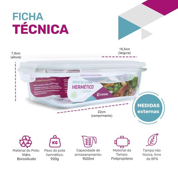 Imagem de KIT 8 Potes de Vidro Retangular com Tampa Hermética 1520ml