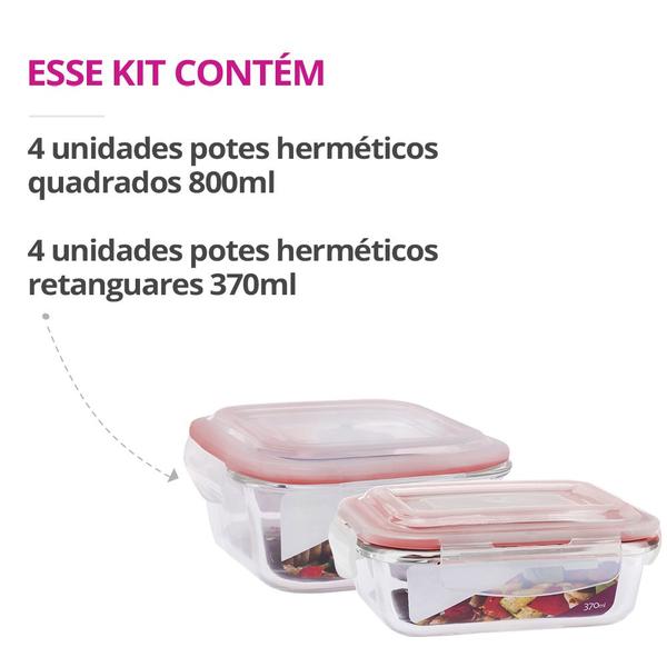 Imagem de Kit 8 Potes Herméticos Marmita Vidro Papinha 370ml e 800ml