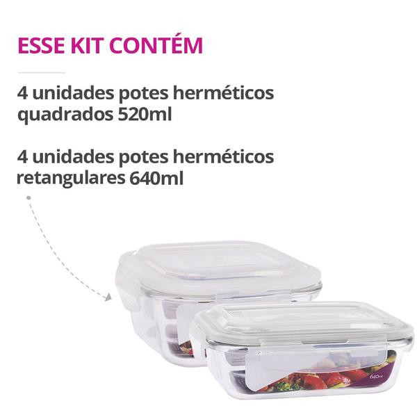 Kit 8 Potes Herméticos Marmita Vidro Papinha 640ml e 520ml - U4home Imagem de Kit 8 Potes Herméticos Marmita Vidro Papinha 640ml e 520ml