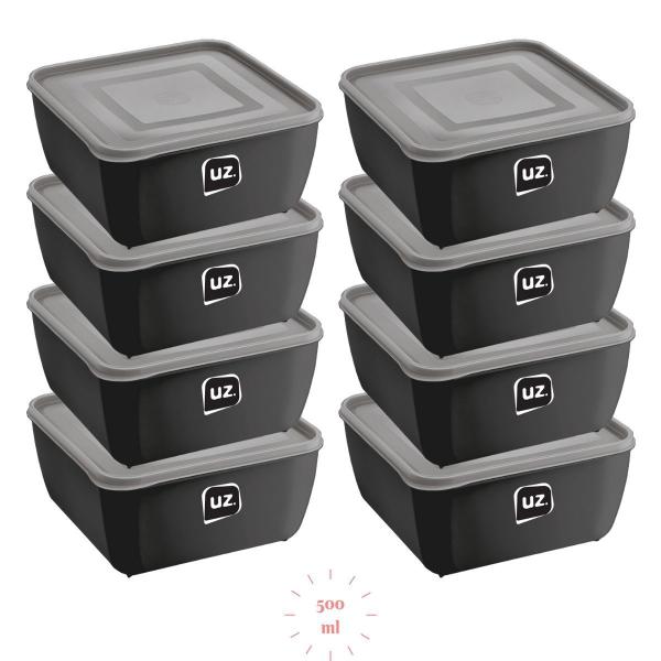 Imagem de Kit 8 Potes Plastico Preto Quadrado 1,5L Linha Gourmet