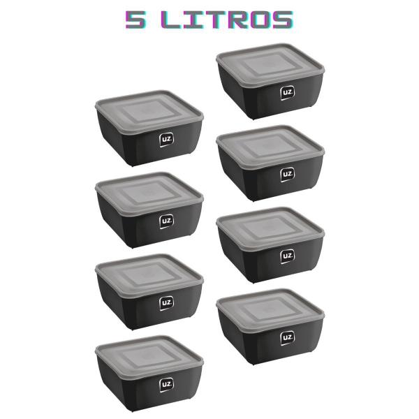 Imagem de Kit 8 Potes Quadrado Preto Alimentos Fit 5L Boa Vedação