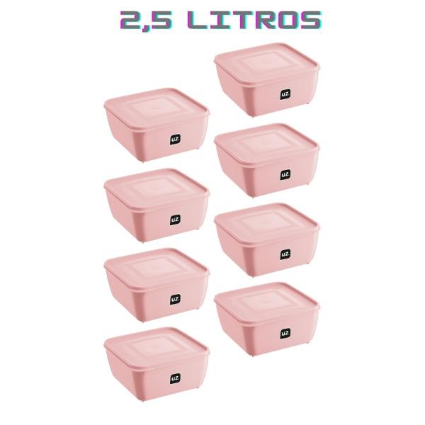 Imagem de Kit 8 Potes Quadrado Rosa Alimentos Fit 2,5L Boa Vedação