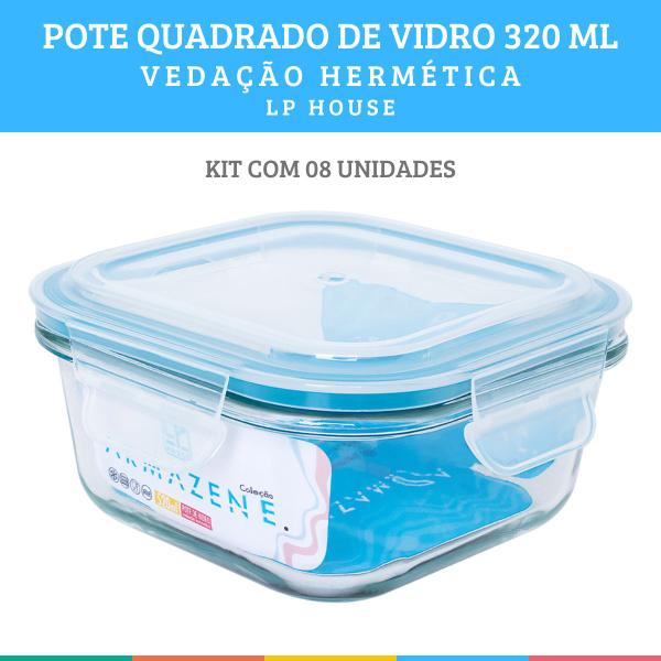 Imagem de Kit 8 Potes Quadrado Vidro 320ml Vedação Hermética LP House