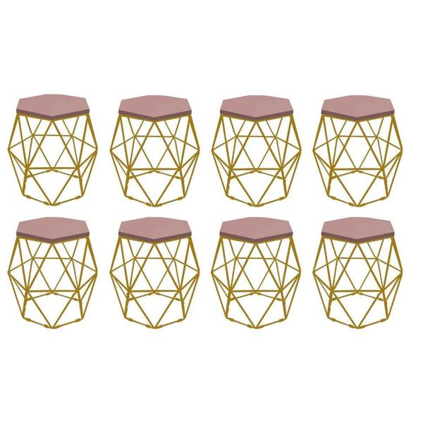 Imagem de Kit 8 Puff Banqueta Luna Decorativo Sala Quarto Ferro Dourado Assento MDF Rosa - Ahazzo Móveis