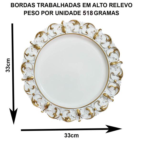 Imagem de Kit 8 Sousplat Branco C/ Dourado 33cm Arabesco Borda Relevo