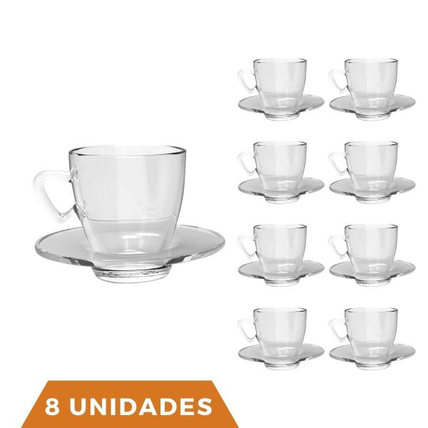 Imagem de Kit 8 Xícaras Chá e Café C/ Pires Vidro 220mL Transparente