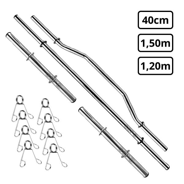Kit 80Kg Anilhas de Ferro com Barras 40cm e 150cm + Barra W 1,20m - SEPO Imagem de Kit 80Kg Anilhas de Ferro com Barras 40cm e 150cm + Barra W 1,20m