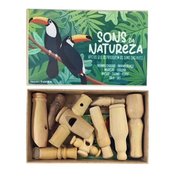 Imagem de Kit 9 apitos som de pássaros na caixa com tampa Brinquedo Educativo Madeira - Newart - 3 anos