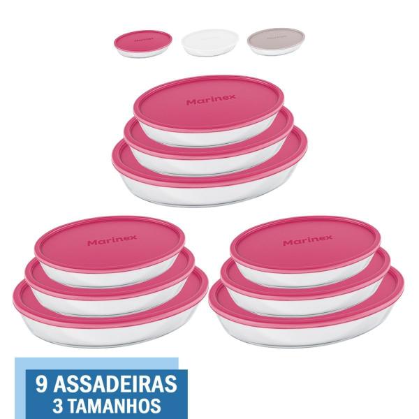 Imagem de Kit 9 Assadeiras Oval Vidro Com Tampa 1,6L 2,4L 3,2L Marinex