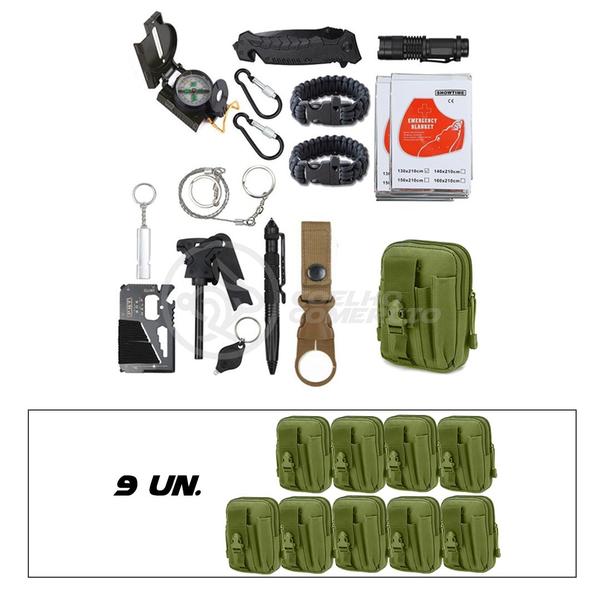 Imagem de Kit 9 Bolsas Verde Militar Conjunto Acessórios de Camping Kit Sobrevivência para Acampar