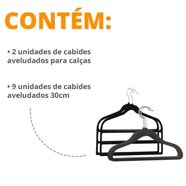 Imagem de Kit 9 Cabides Aveludado 30cm + 2un Cabides Para Calças