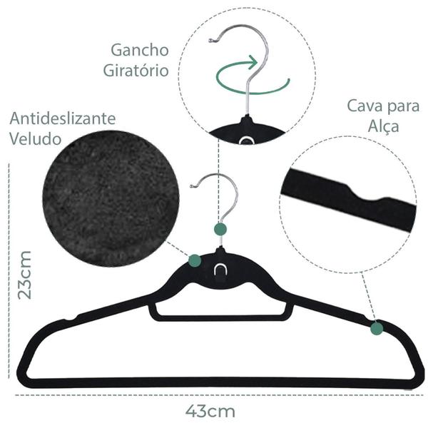 Imagem de Kit 9 Cabides De Veludo Slim Preto Antideslizante Ultrafino