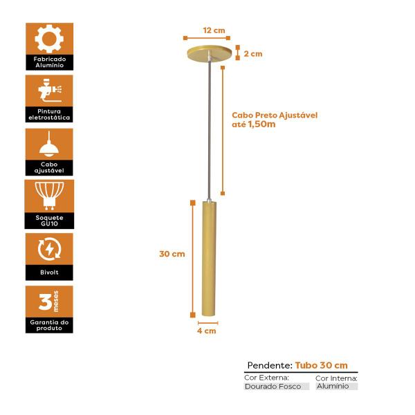 Imagem de Kit 9 Pendente Luminária Tubo Dourado Fosco 30 Cm