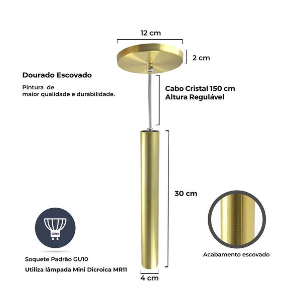 Imagem de Kit 9 Pendente Tubo Dourado Cabo Cristal 30Cm  + Led