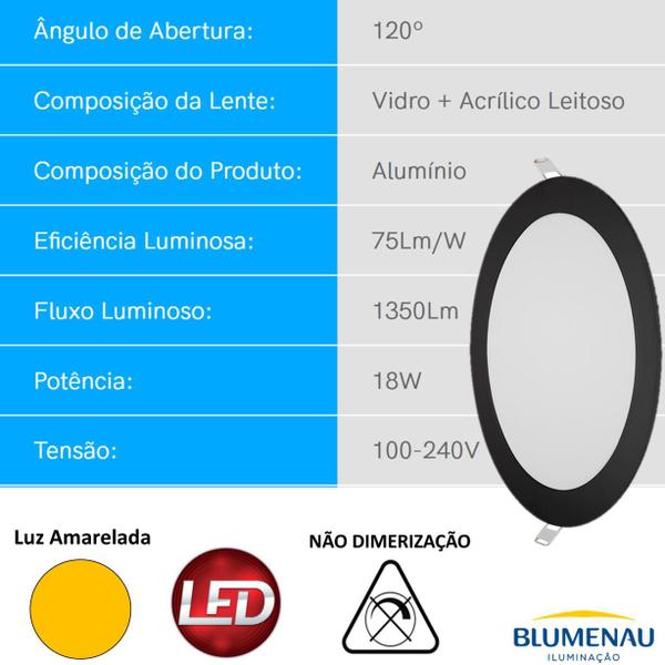 Imagem de Kit 9 Plafon Painel Preto Redondo Embutir 18w Branco Quente 3000k