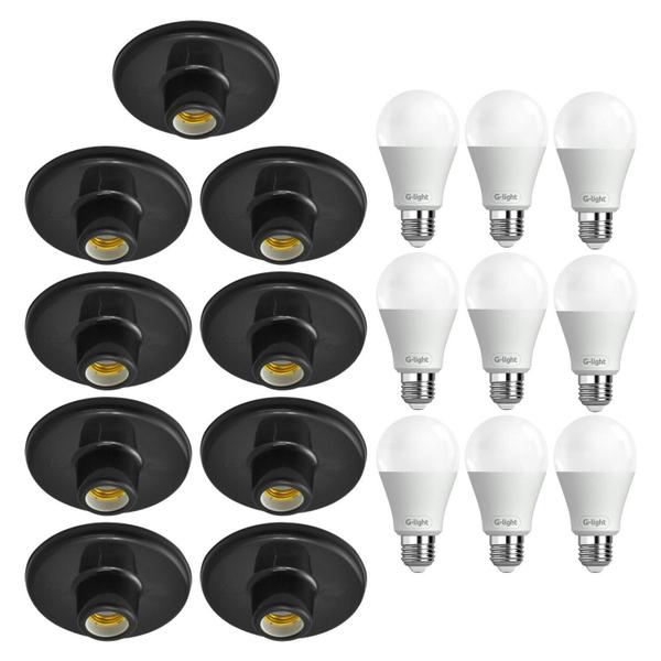 Imagem de Kit 9 Plafonier Plafon Soquete E27 Preto 9 Lâmpada Led 6,5W