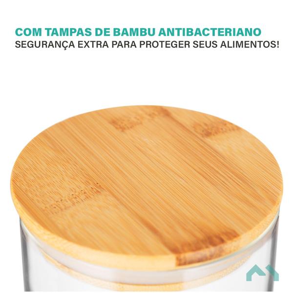 Imagem de Kit 9 Porta Condimentos Alimentos Potes de Vidro tampa Bambu