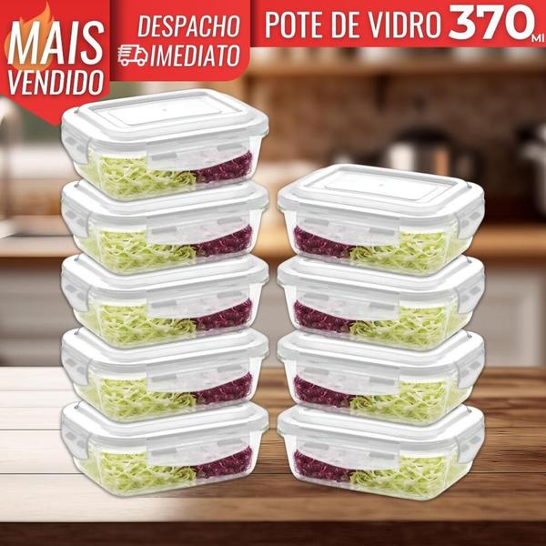 Imagem de Kit 9 Pote de Vidro Hermético Borossilicato 370ml Marmita Fitness Freezer Microondas