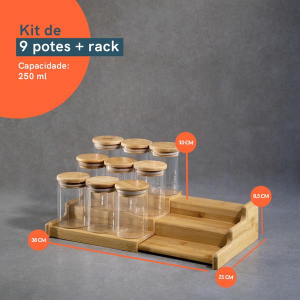 Imagem de Kit 9 Potes 250ml Tampa Bambu E Rack Organizador Bambu Oikos