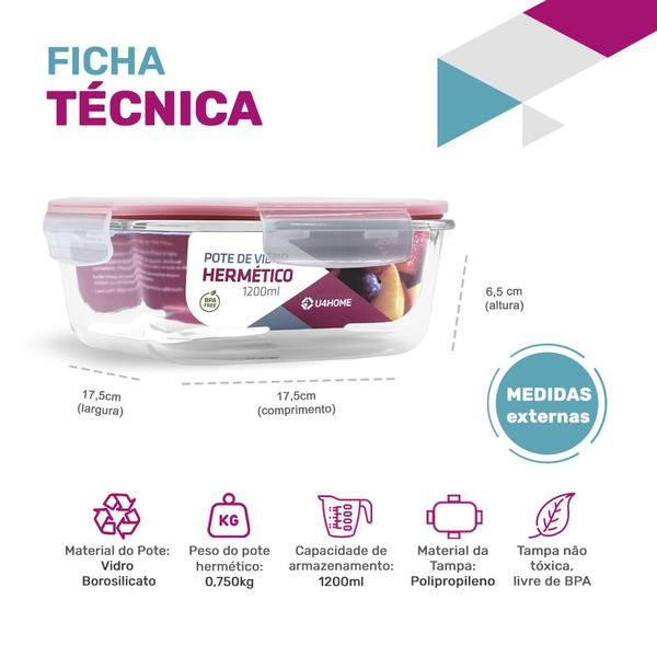 Imagem de Kit 9 Potes De Vidro Quadrado Hermético Grande 1200ml Torta