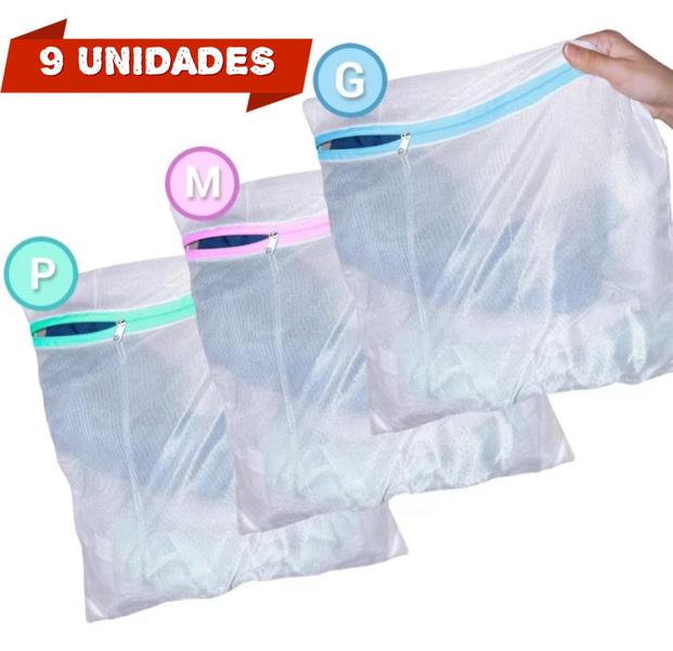 Imagem de Kit 9 Sacos  Para Lavar Roupas Protetores Delicadas Organizador de Viagem ( 3 P + 3 M + 3 G) 