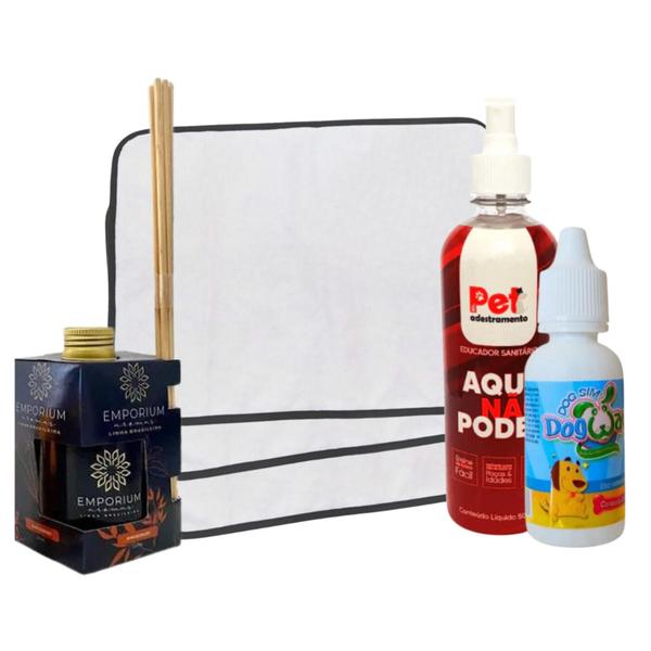 Imagem de Kit 9 Tapetes Higiênicos Pet +  Difusor de Ambiente 250ml S + Xixi Sim 20ml + Aqui Não Pode 500ml